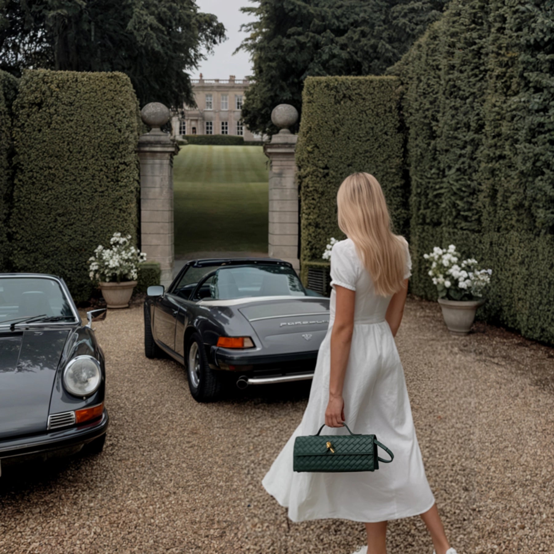 Woman in a white dress holding a green handbag walking towards vintage cars in a driveway.