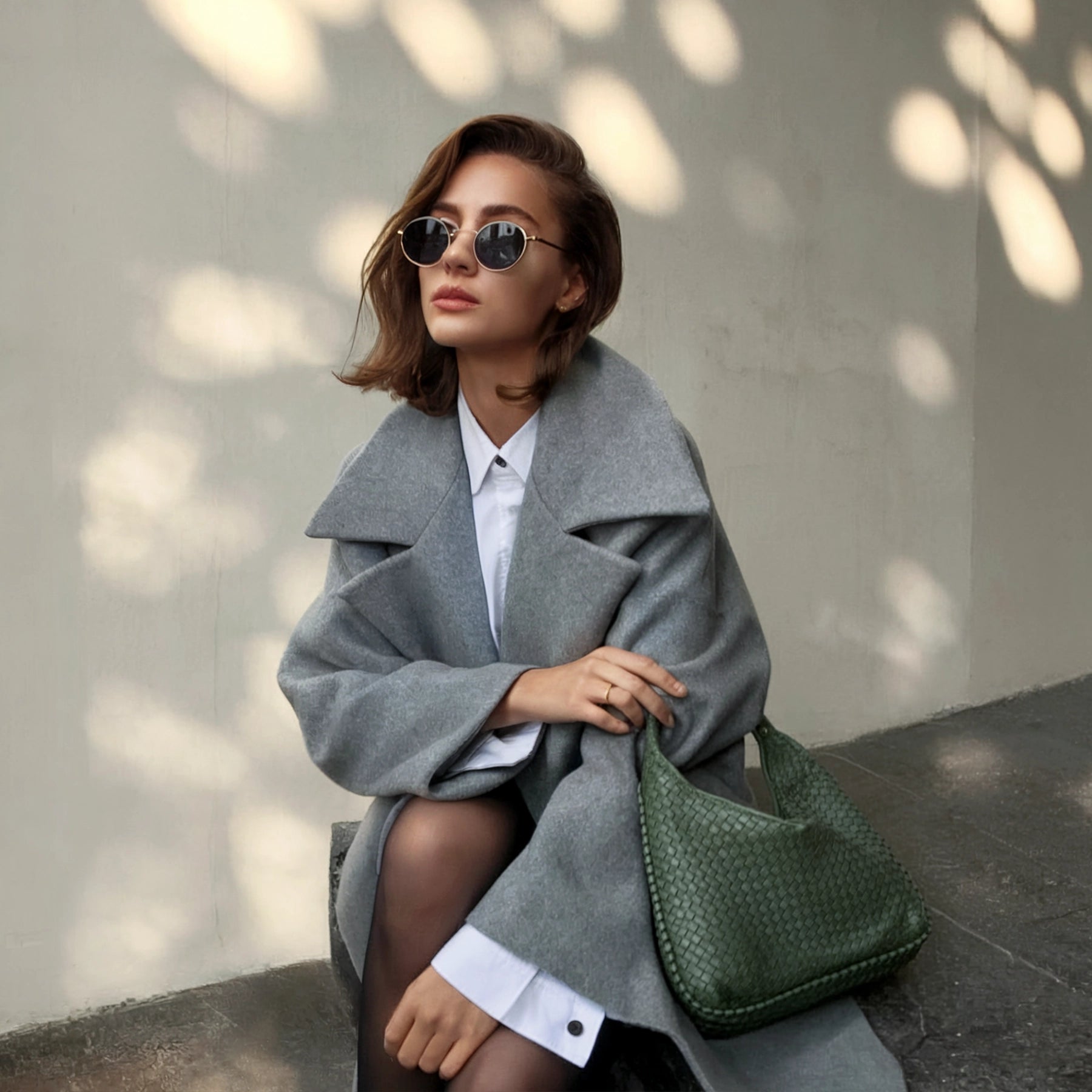 Woman wearing a gray coat and sunglasses, holding a green handbag against a neutral background