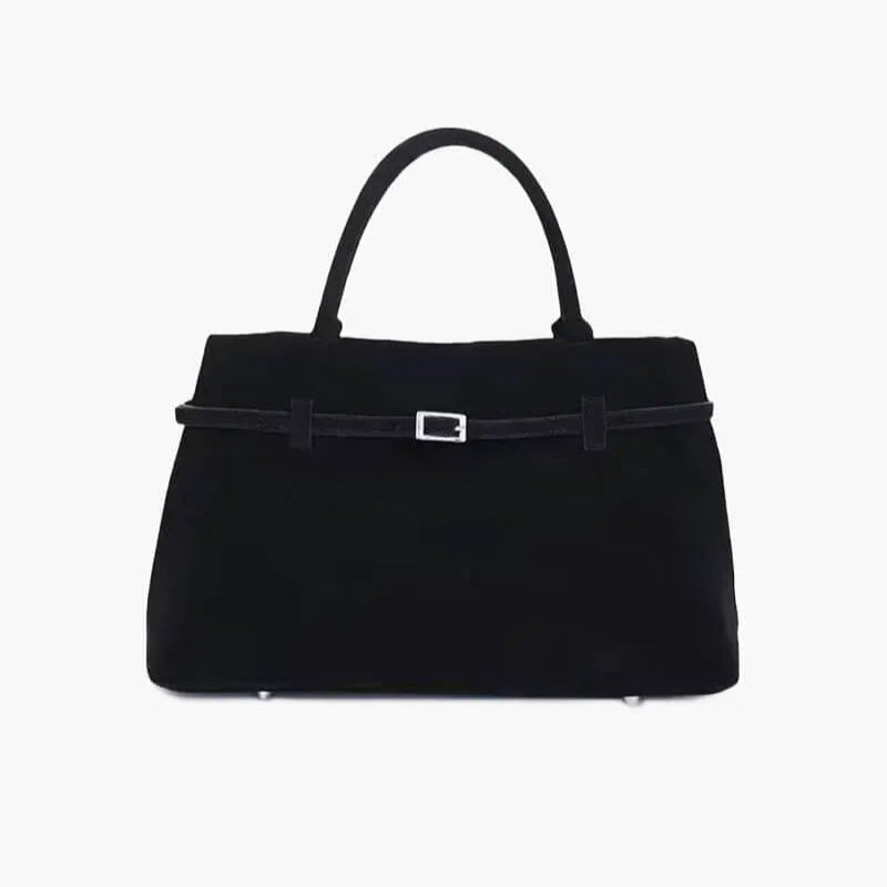Black handbag with a belt detail on a white background