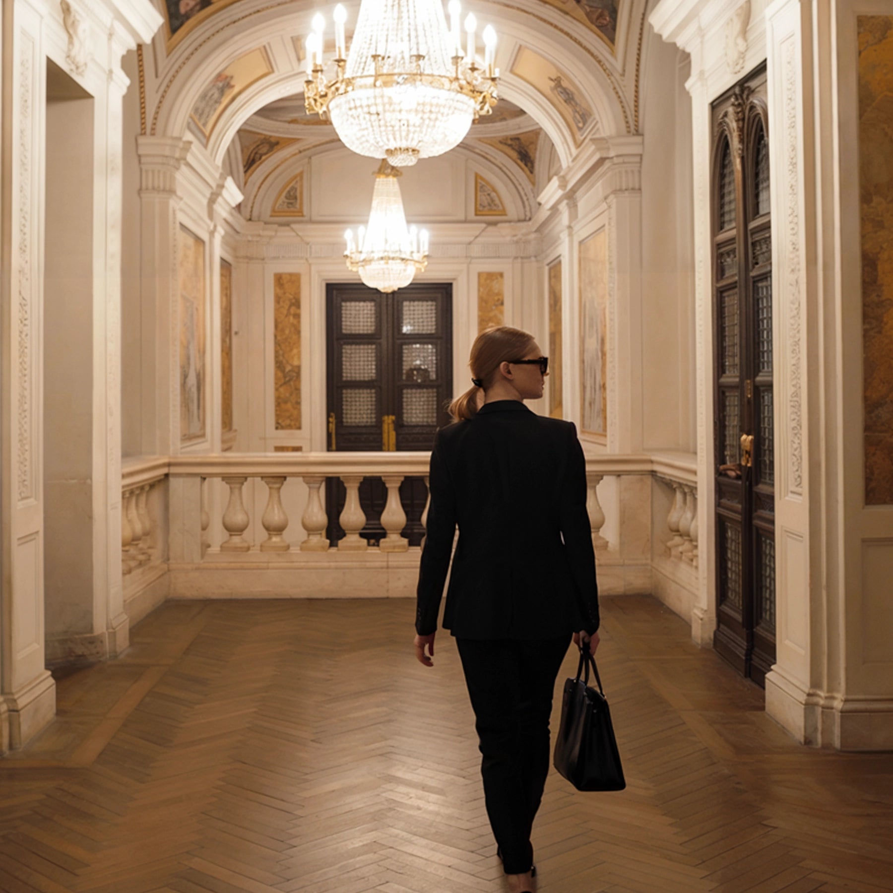 Woman in a black suit walking down an ornate hallway with chandeliers.